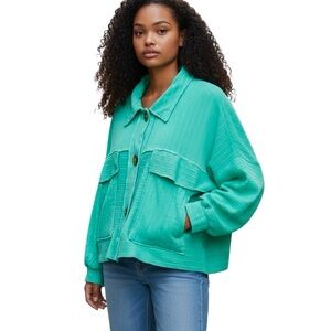 Bucket List Cropped Boho Cardigan Turquoise Big/Buttoms Patch Pockets Made/US